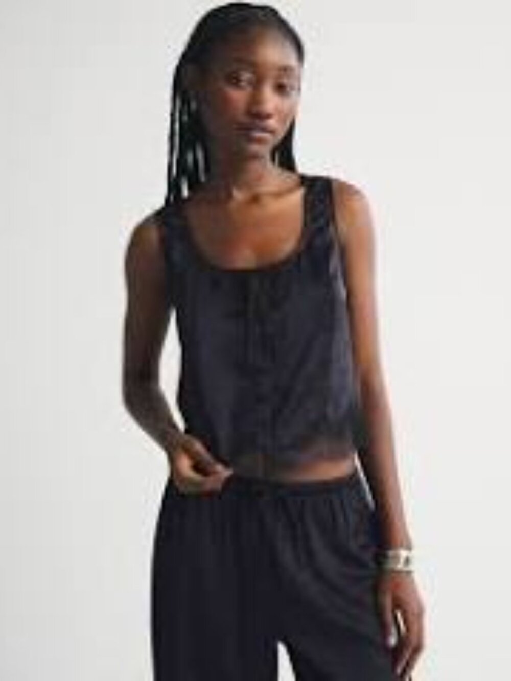 Abercrombie & Fitch Lace-Trim Pintuck Satin Tank NWT Black XS